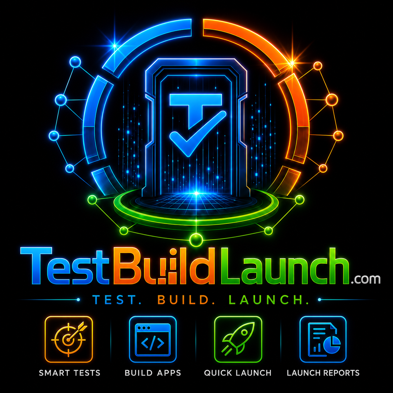 TestBuildLaunch futuristic ecosystem logo